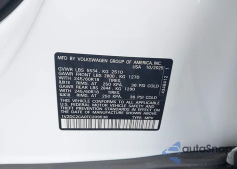 2026 Volkswagen Atlas Cross Sport Se/Se With Technology from USA, damaged, VIN 1V2DC2CA0TC209538